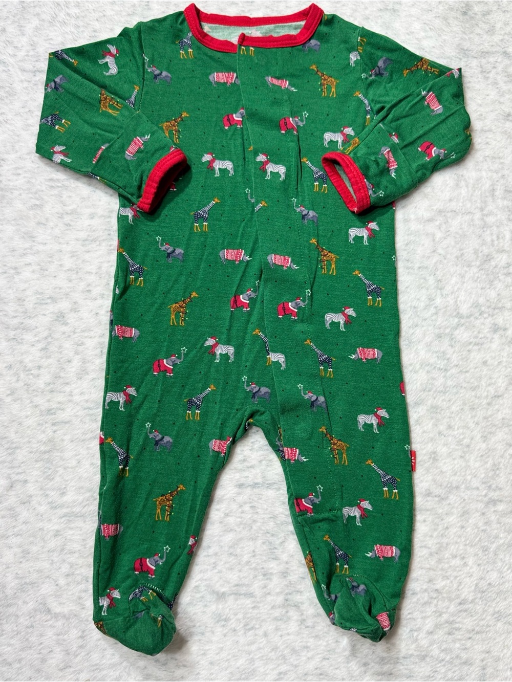 Magnetic Me Christmas Safari Animals Footie Sleeper 0-3M Baby Modal Green Red